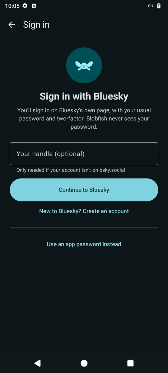 Blobfish: sign in on Bluesky's own page